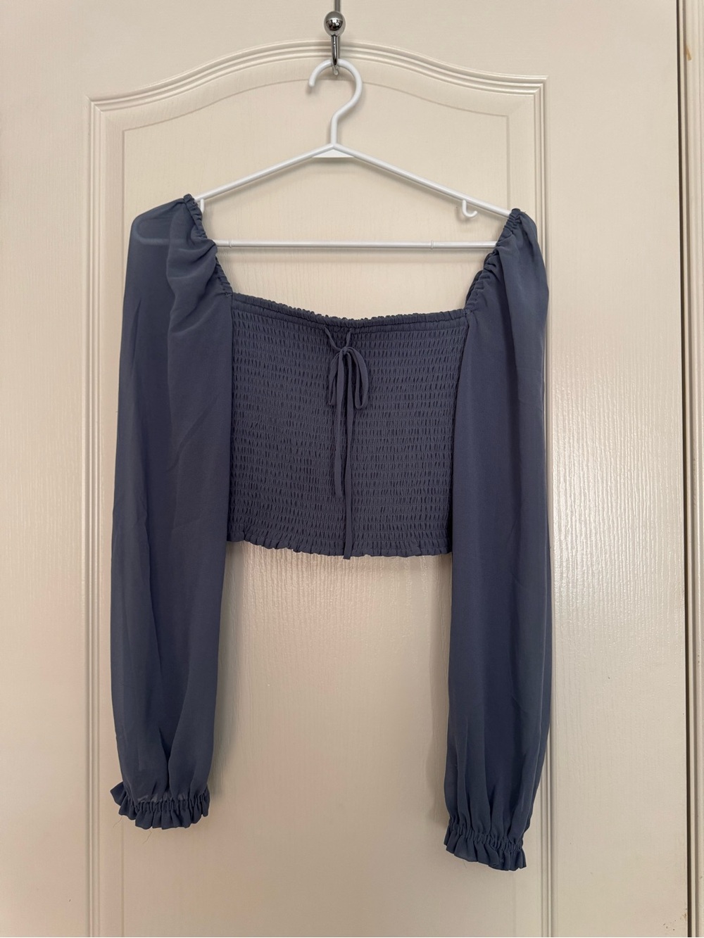 Aritzia Smocked Off-Shoulder Long Sleeve Crop Top - Charcoal Gray